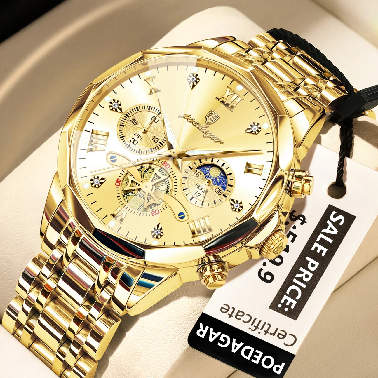 Poedagar Luxury Chronograph Watch – Full Gold